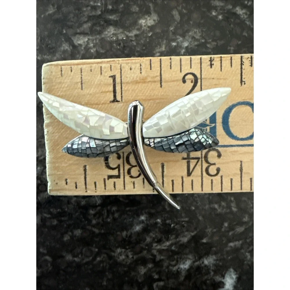 VTG Abalone Mother of Pearl Dragonfly Brooch Silver Tone Inlaid Shell